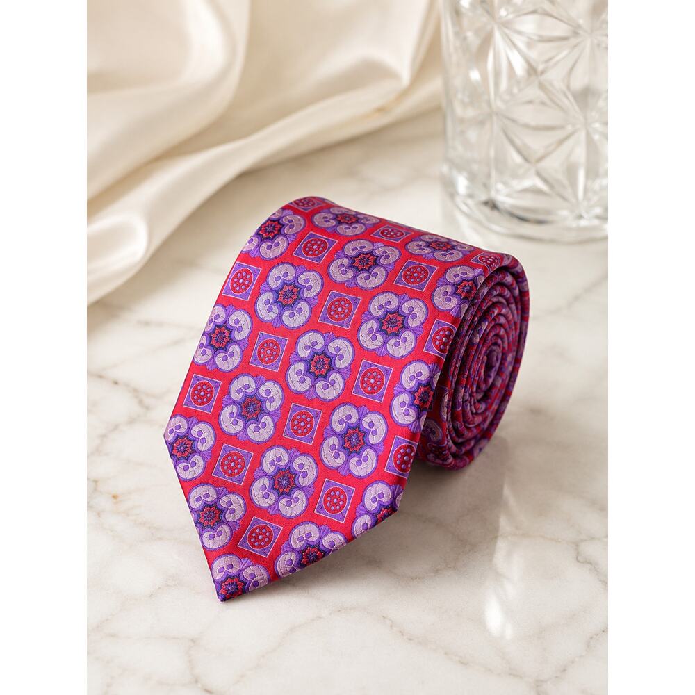 Verse 9 Classic Menswear Vintage Retro Luxury Silk Tie Purple Red Geometric
